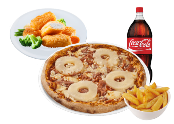 1 Pizza super au choix<br>
+ 8 Nuggets ou 8 wings<br>
+ Potatoes<br>
+ 1 Maxi coca cola 1.25l.